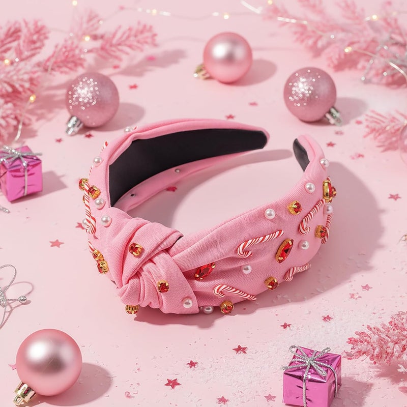 PANTIDE Christmas Jeweled Knotted Headband - Xmas Candy Cane Rhinestone Crystal Pearl Embellished Headband None Slip Wide Top Knot Fashion Hairband Hair Accessories Birthday Gift for Women Girl (Pink) - Image 4